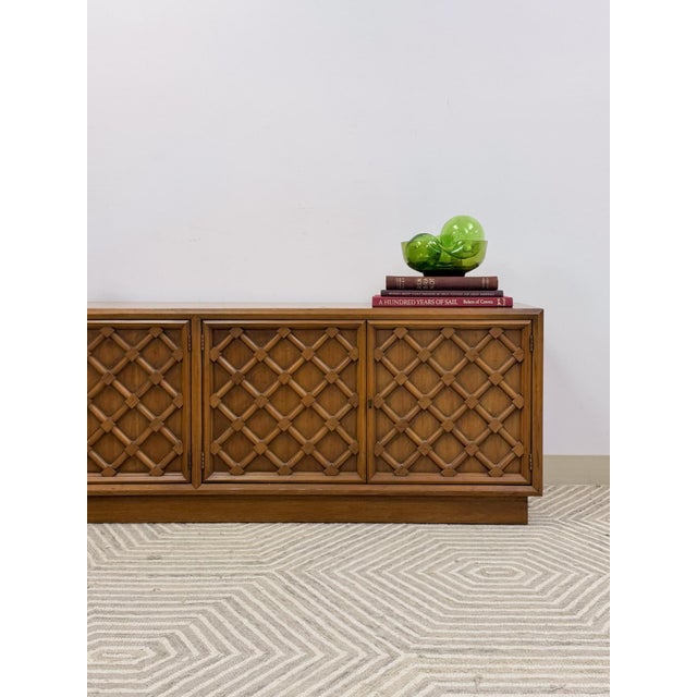 Drexel Collage MCM Low Console Lattice Door Faces Vintage Credenza Finished Back For Sale - Image 9 of 16