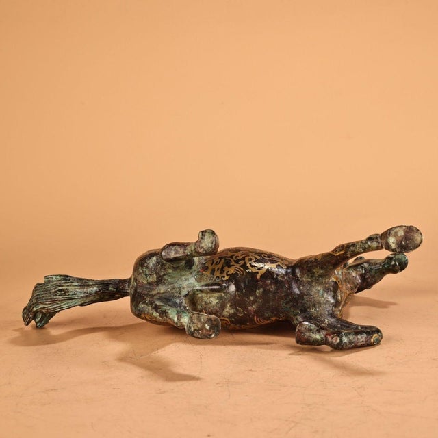 Pair of Vintage Bronze Galloping Horses – Gold Inlaid Horse Statues, 2.2 LBS For Sale - Image 4 of 10
