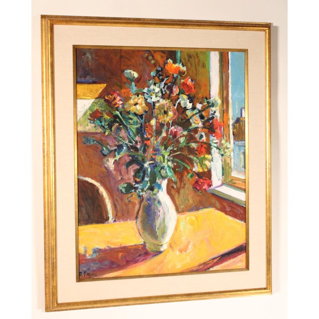 Colorful impressionist still life painting by Robert A. Frame (1924-1999). Oil on canvas. Frame dimensions, height 35.5"...
