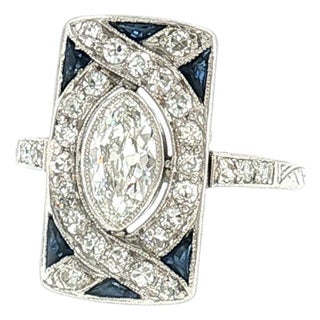 Art Deco Platinum Marquise Diamond and Calibre Synthetic Sapphire Ring For Sale