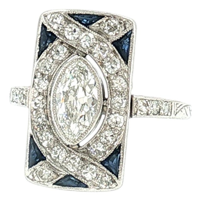 Art Deco Platinum Marquise Diamond and Calibre Synthetic Sapphire Ring For Sale