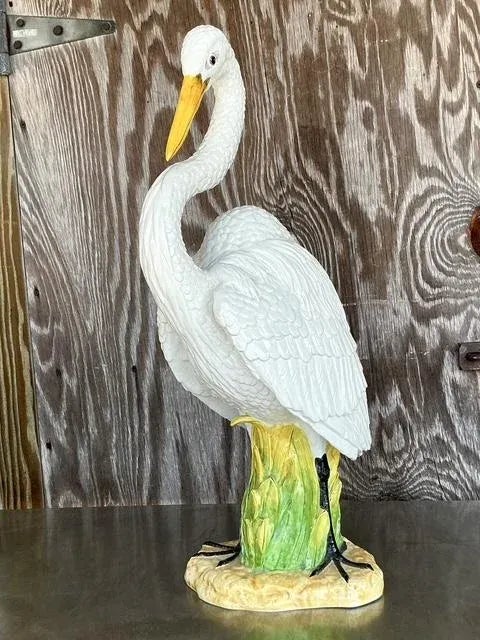 Vintage Coastal Monumental Glazed Ceramic Snowy Egret Sculpture — additional photo 6