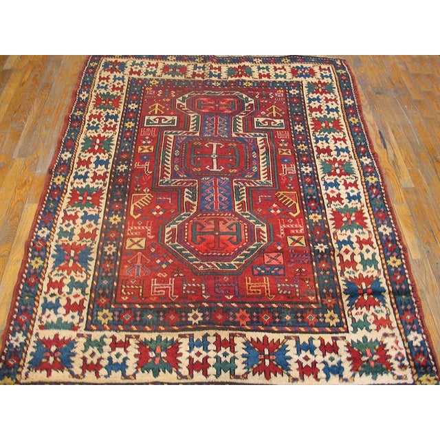 19th Century Caucasian Kazak Capet ( 4'6" x 5'9" - 137 x 175 ) Geometric Medallion Rectangle 1890s Wool Hand Knotted Pile...