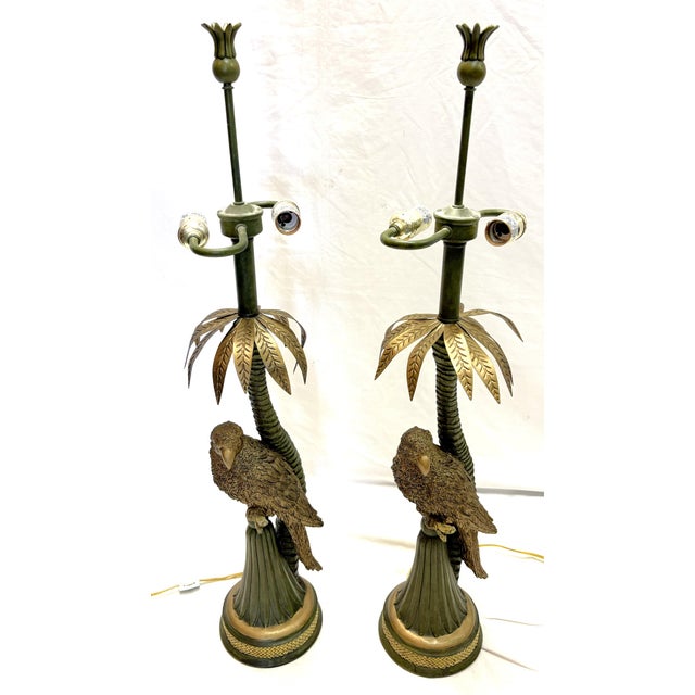 20th Century Palm Beach Chic Parrot and Palm Tree Lamps- A Pair For Sale - Image 4 of 18