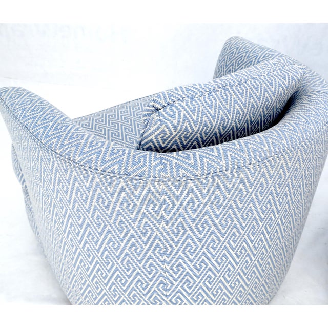 Textile Pair of Blue & White Upholstery Vintage MCM Barrel Back Swivel Chairs For Sale - Image 7 of 13