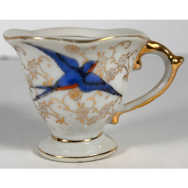 Japanese Mid 20th Century Japanese Blue Bird Swallow Demitasse Cup & Saucer For Sale - Image 3 of 12