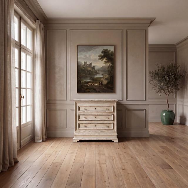 French Provincial / Louis XV–style commode from the mid-20th century. Painted in an off-white finish with intentional wear...