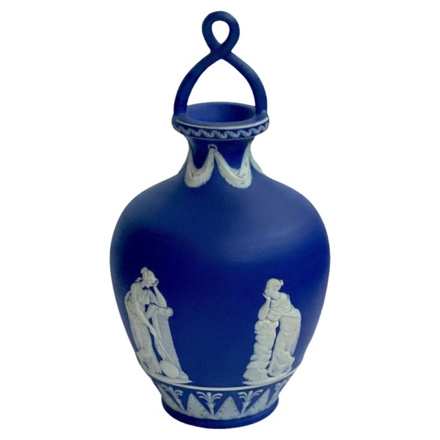 Elegant three-piece set of jasperware by Wedgwood with great detail all around depicting classical imagery/scenes and...