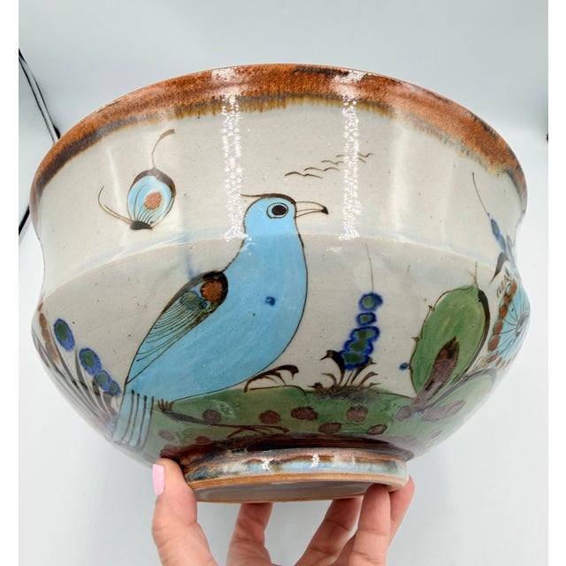 1950s Folk-Art Ken Edwards Palomar Tonala Pottery Hand Painted Punch Bowl W/Ladle For Sale - Image 4 of 17