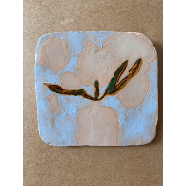 2020s Handmade Ceramic Wall Tile, Floral Art Tile, Hand Painted Decorative Tile, Modern Pastel Wall Decor, Artisan Ceramic Panel For Sale - Image 5 of 7