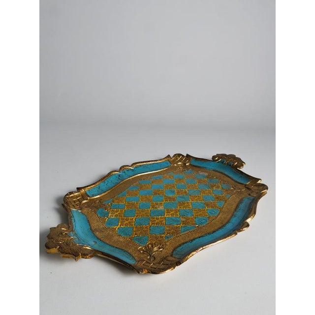Blue Florentine Neo-Rococo Gilt and Turquoise Tray with Harlequin Pattern, Italy, 1950s For Sale - Image 8 of 18
