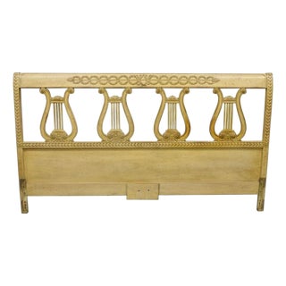 Vintage Italian Neoclassical Carved Lyre Harp Wooden King Size Bed Headboard For Sale