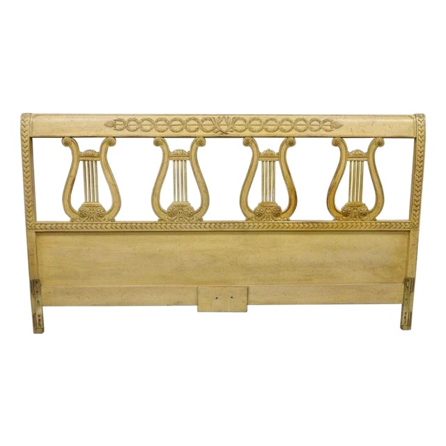 Vintage Italian Neoclassical Carved Lyre Harp Wooden King Size Bed Headboard For Sale