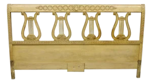 Vintage Italian Neoclassical Carved Lyre Harp Wooden King Size Bed Headboard