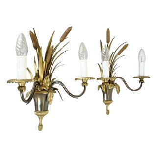 Florentine Brass Wall Lights attributed to Maison Charles, France, 1970s, Set of 2 For Sale