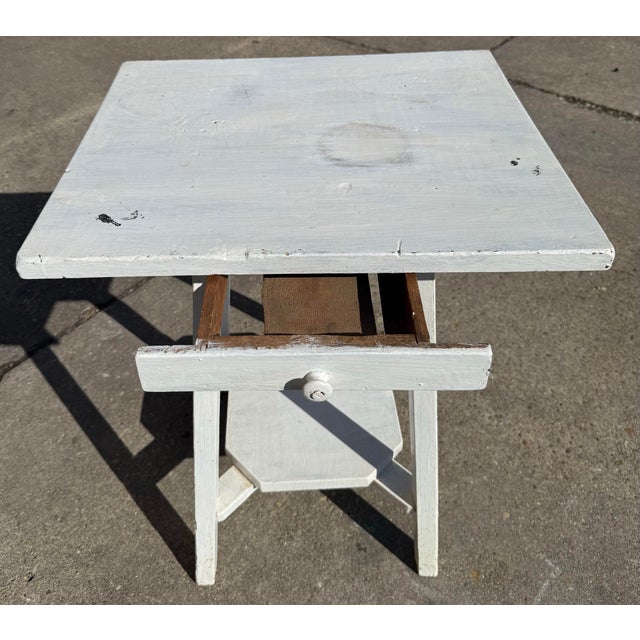 Shabby Chic Vintage White Handpainted Mahogany Farmhouse Shabby Chic Two-Tier Side Table With Drawer For Sale - Image 3 of 12