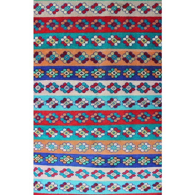 Mid-Century Modern Turkish Rug With Multicolored Stripes and Flower Designs For Sale - Image 4 of 12