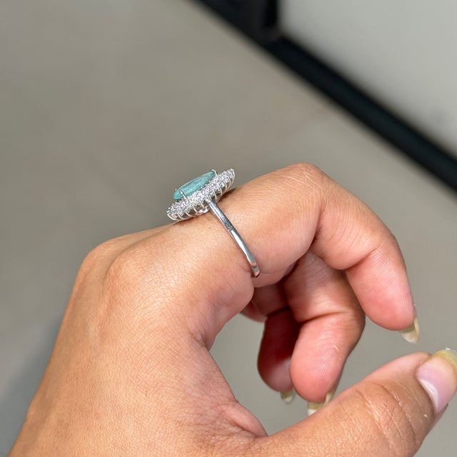 14k White Gold Double Halo Diamond Paraiba Tourmaline 1Carat Engagement Ring Size 6 For Sale In New York - Image 6 of 18