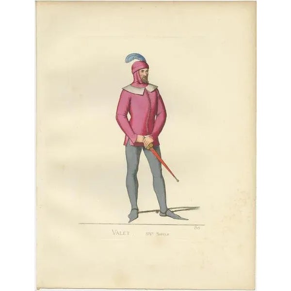 Antique print titled ‘Valet, XIVe Siecle.’ Original antique print of an Italian valet or servant, 14th century. This print...