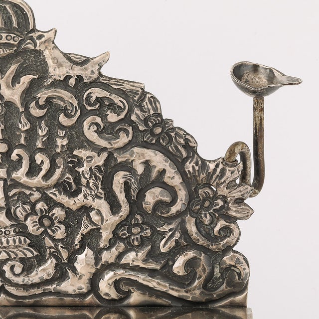 Metal Baroque 19th Century Hand-Worked Repoussé Sterling Oil Lamp Footed Menorah For Sale - Image 7 of 18