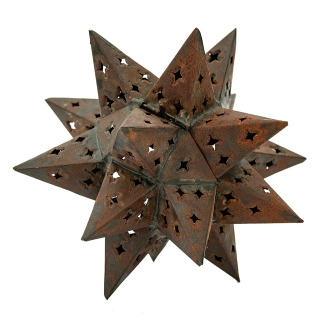 Vintage Moroccan Style Pierced 18 Point Hinged Iron Star Candle Curio For Sale - Image 4 of 11