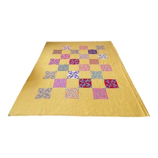 Antique Handmade and Sewn Sunshine Yellow Quilt For Sale