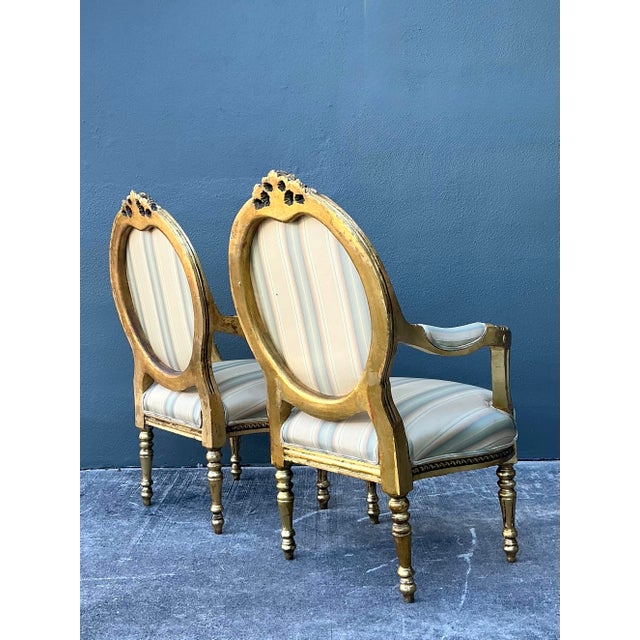 Wood Vintage Gilt Medallion Fauteuil Chairs - A Pair For Sale - Image 7 of 12