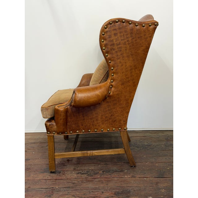 Embossed Cognac Leather Wing Back Chair by Davis and Shaw For Sale - Image 4 of 17