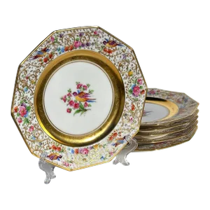 Late 19th Century Ambrosius Lamm Antique Dresden Hand Decorated Gilt Salad/Dessert Plates- Set of 6
