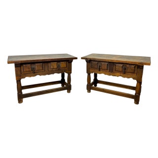 Antique Spanish Rustic Oak Side Tables with Drawers, 1900s, Set of 2 For Sale