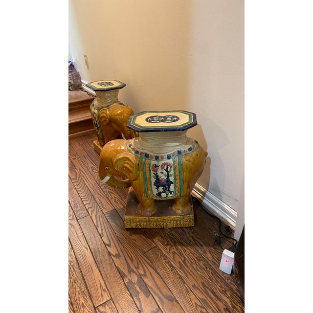 Glazed Figural Ceramic Chinese Royal Elephant Garden Stools - A Pair For Sale - Image 4 of 7