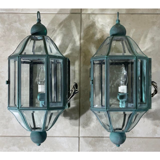 1970s Pair of Vintage Solid Brass & Beveled Glass Wall Lantern - Sconces - Verdigris For Sale - Image 5 of 14