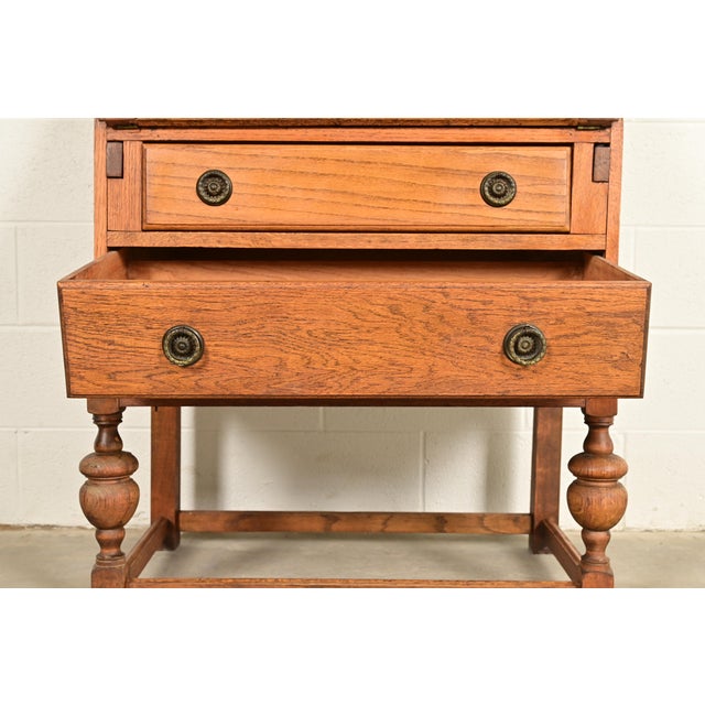 Brown Antique English Art Deco Carved Oak Drop Front Secretary Desk With Leaded Glass Bookcase Hutch For Sale - Image 8 of 17