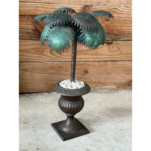 Vintage Verdigris Metal Palm Tree Sculpture in Classical Urn For Sale - Image 10 of 11