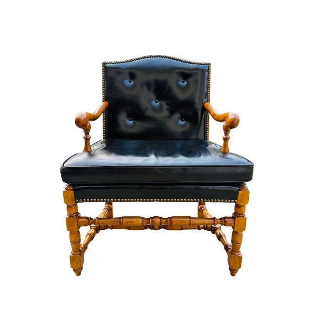 Vintage Barnard & Simonds Black Leather Armchair | 1960s American Traditional | Button-Tufted Leather & Bobbin-Turned Wood...
