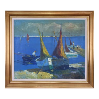 Danish Mid Century Modern Harbor Seascape With Boats For Sale