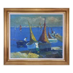 Danish Mid Century Modern Harbor Seascape With Boats