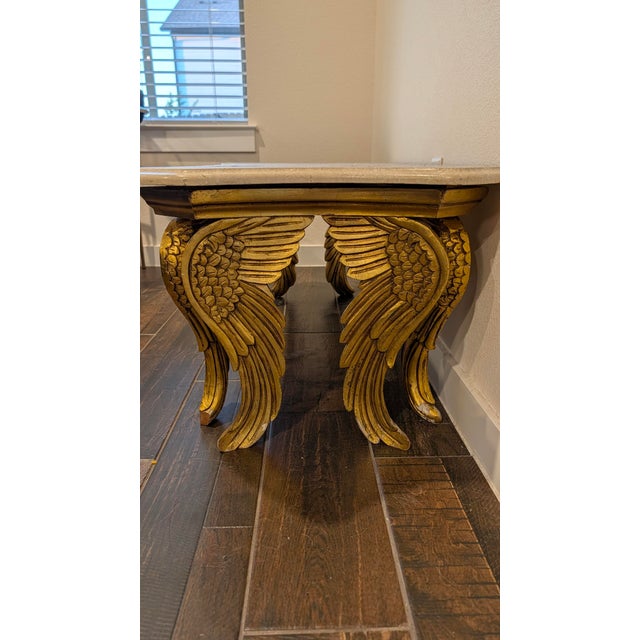 Mid-Century Modern Vintage Travertine & Gilt Carved “Angel Wing” Console Table For Sale - Image 3 of 10