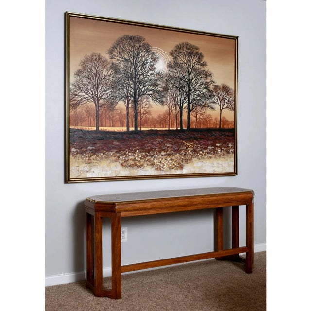 Stunning large scale Mid-Century Modern tree grove landscape painting. The lovely brown, beige and burnt orange painting...