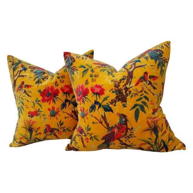 Yellow Floral Bird Velvet Pillows A Pair Chairish