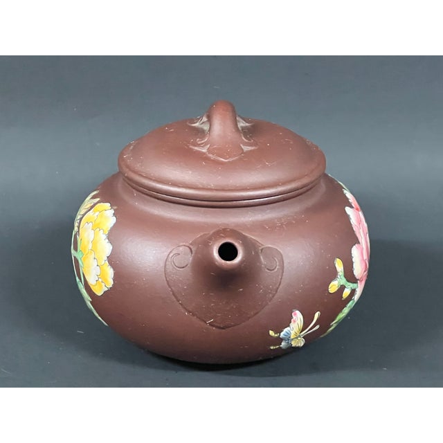 Late 20th Century Chinese Art Yixing Clay Teapot With Enamel Flower Design ITEM NAME: Late 20th Century Chinese Art Yixing...