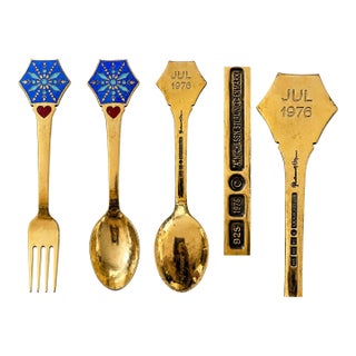 1970s 976 A. Michelsen Gilt Sterling Silver and Guilloché Enamel Christmas Spoon & Fork by Gudmund Olsen - Set of 2 For Sale