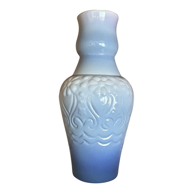 Vintage Art Deco Blue Ombre Ceramic Tall Vase Textured Floral Patterns Glossy Finish For Sale
