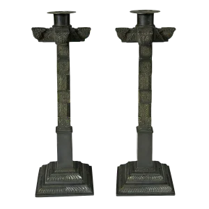 19th Century Antique Bronze Square Column Candleholders- a Pair
