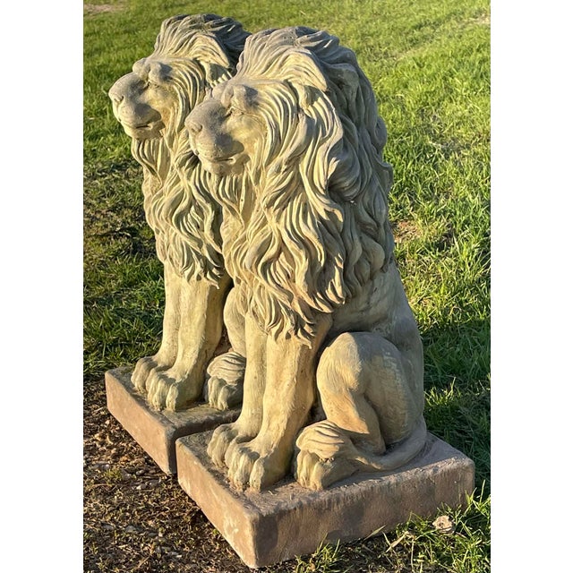 Classical Roman Pair of Majestic Vintage Concrete Lions on Bases For Sale - Image 3 of 15