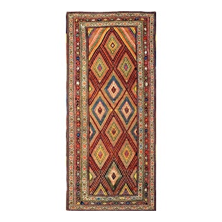 1890s Red Diamond Tribal Antique Persian Kurdish Rug 4' 2" X 9' 8" Handknotted Wool Carpet For Sale