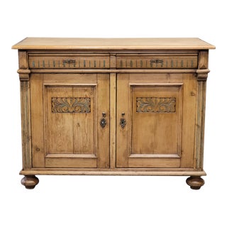 Antique Early 1900s German Pine Sideboard With Painted Carving For Sale