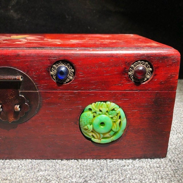 1980s 1980s Wood Jewelry Box With Mother-of-Pearl & Gemstone Inlay, "Magpie on Plum Blossom" For Sale - Image 5 of 6