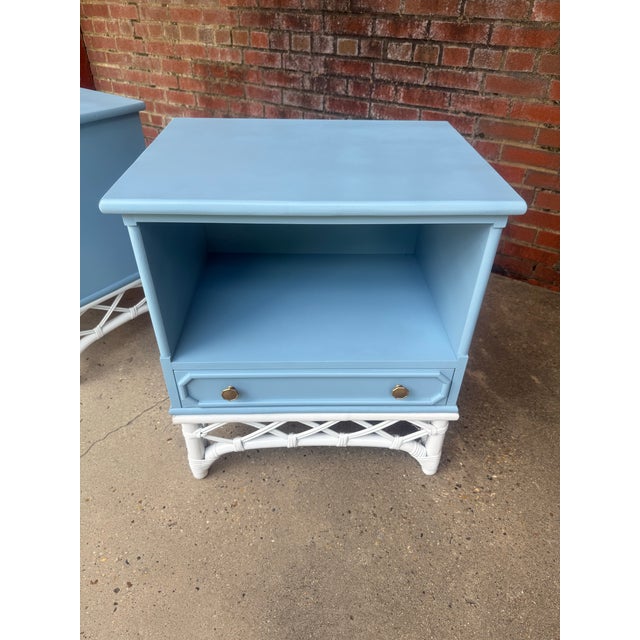 Chic Vintage Palm Beach Regency Ficks Reed Attributed Faux Bamboo Rattan Nightstands - Newly Painted French Blue With White Lattice Base - A Pair For Sale - Image 10 of 11