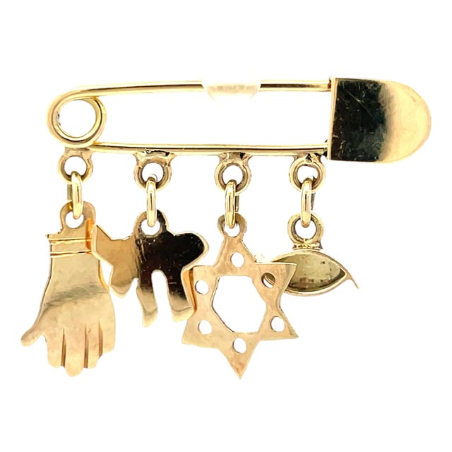 14k Gold Brooch With Charms: Hand Butterfly Star of David Evil Eye For Sale